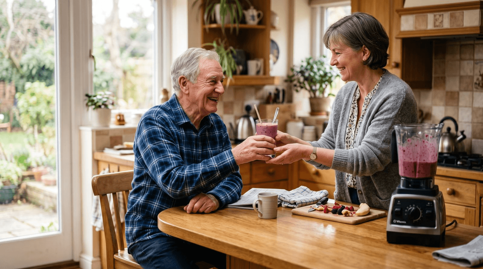 A caregiver in a soft cardigan handing a freshly blended fruit-and-yogurt smoothie to a smiling older man seated at a sunny kitchen counter