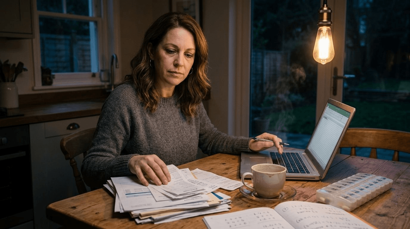 The same woman sitting alone at a kitchen table late at night, sorting a stack of bills and papers by lamplight with a laptop, a child's homework and a parent's pill organizer nearby