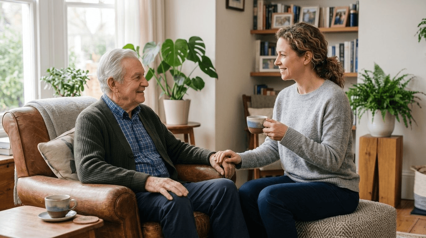 An elderly silver-haired man smiling in his armchair while a warm professional caregiver sits beside him sharing a cup of tea and conversation in a bright living room