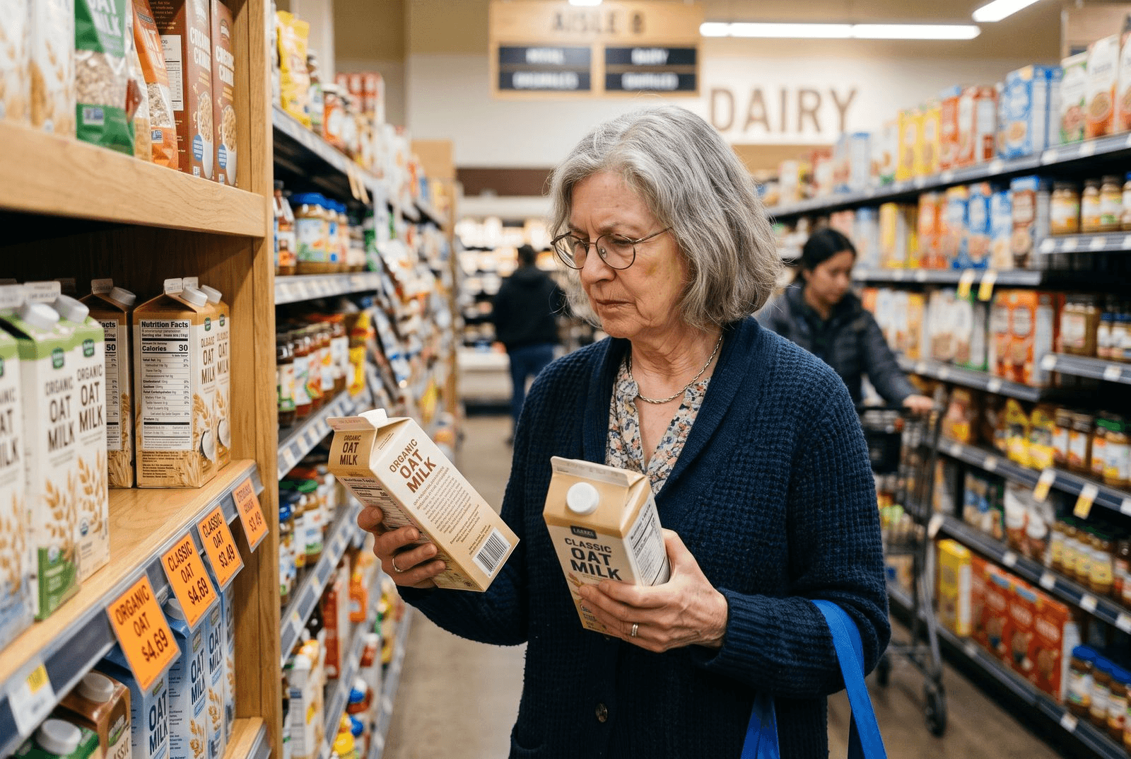 An older woman comparing prices on two grocery items in a supermarket aisle, reading a shelf label with reading glasses