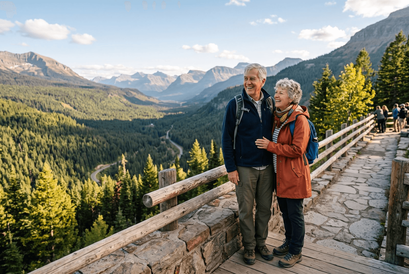 An older couple standing at a national park scenic overlook on a clear day, smiling and looking out over a forested valley