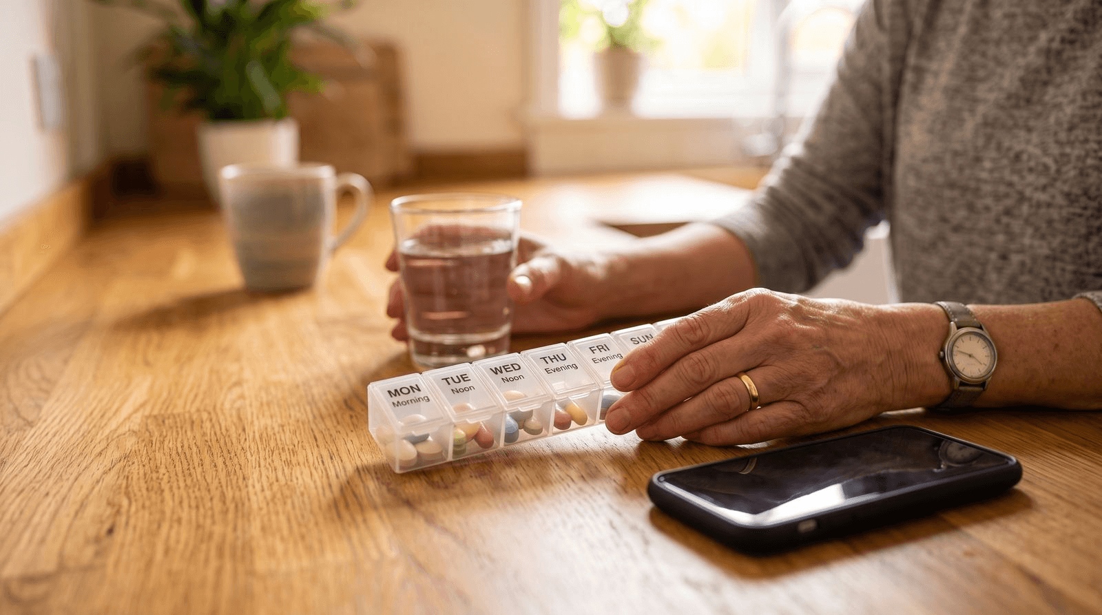 Close-up of an older woman's hands holding a pill organizer and a glass of water on a kitchen table, with a phone nearby, suggesting a prompt call to the doctor and a medication schedule