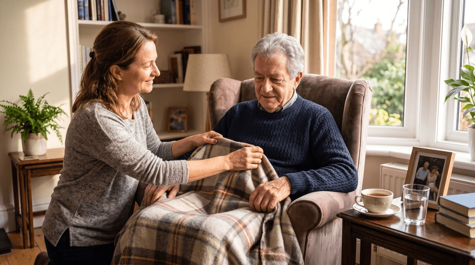 A caregiver gently tucking a soft blanket around an older man resting in a sunlit living room armchair, with a cup of tea and a glass of water on the side table beside him