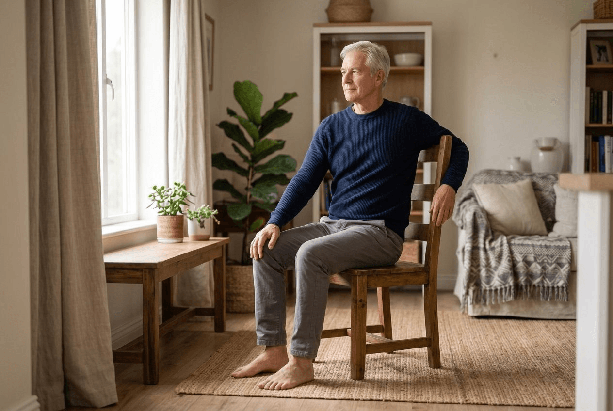 An older man seated in a sturdy chair performing a gentle seated spinal twist, one hand resting on the opposite knee, in a bright room