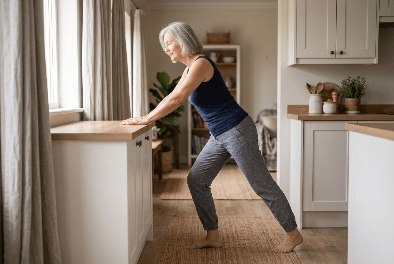 An older woman doing a standing calf stretch with both hands resting on a kitchen counter, one foot stepped back with the heel pressed down