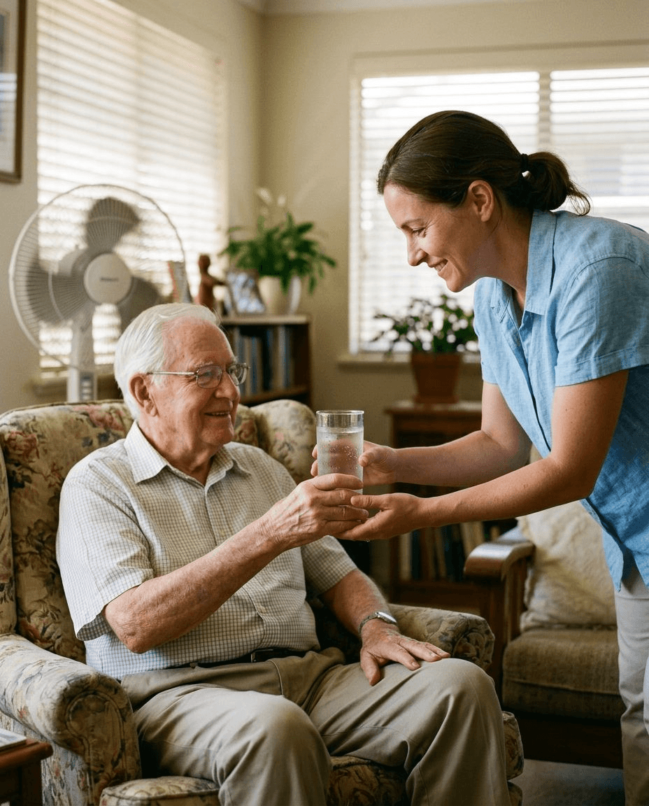 A home caregiver handing a tall glass of cool water to an older man seated in a shaded, breezy room on a hot day