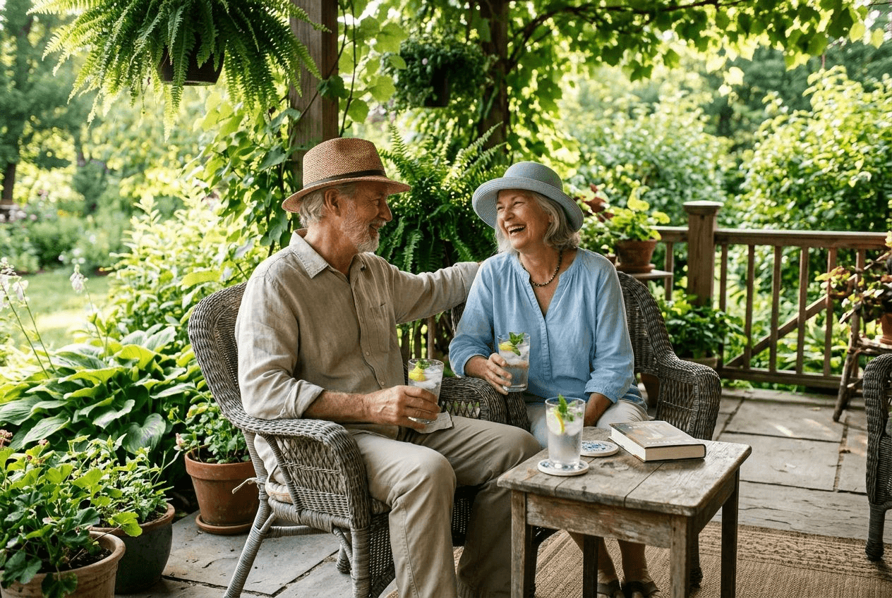 An older couple enjoying the cool of early morning together on a shaded porch with leafy plants and glasses of iced water