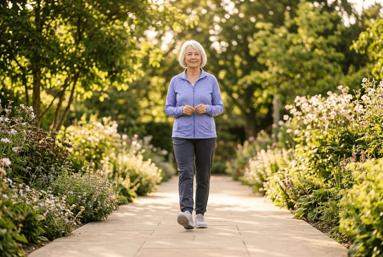 An older woman with white hair taking a gentle walk along a sunlit garden path on a summer morning, wearing comfortable supportive walking shoes