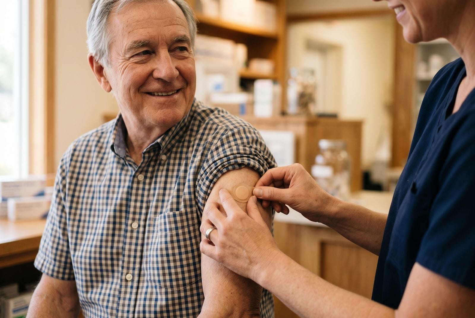 A pharmacist placing a small round bandage on the upper arm of a smiling older man after a vaccination