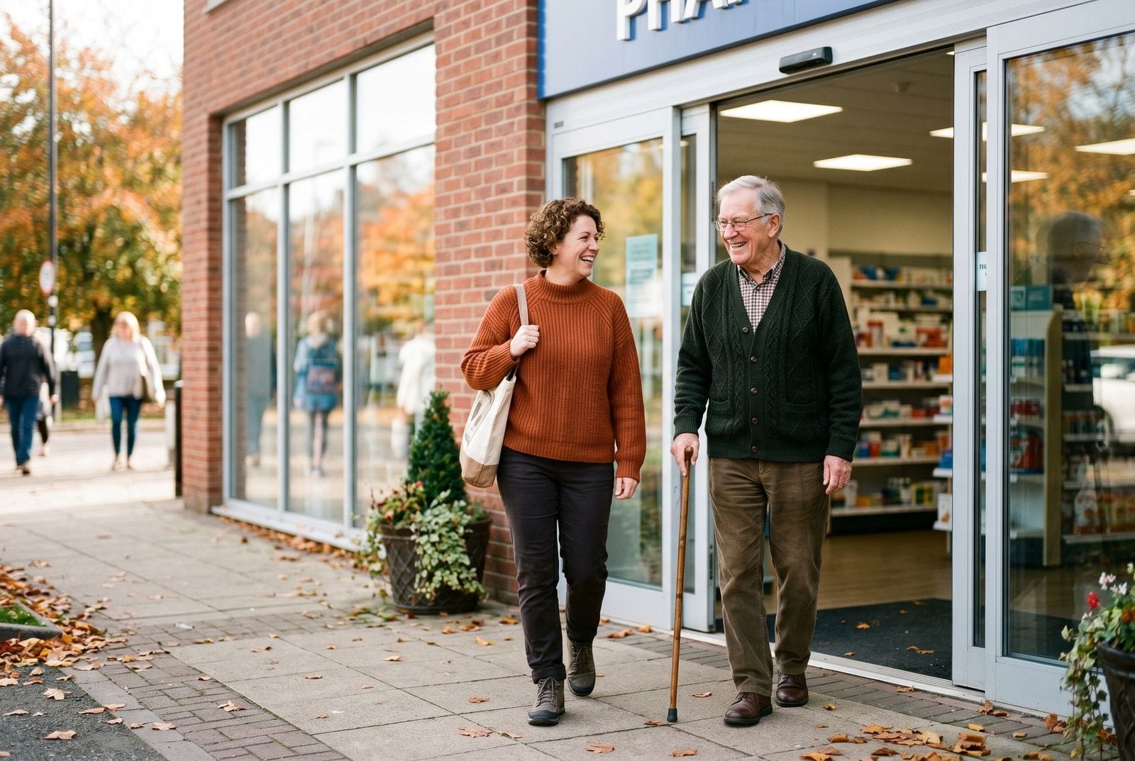 A caregiver walking beside a smiling older man with a cane as they arrive together at a community pharmacy on an autumn day