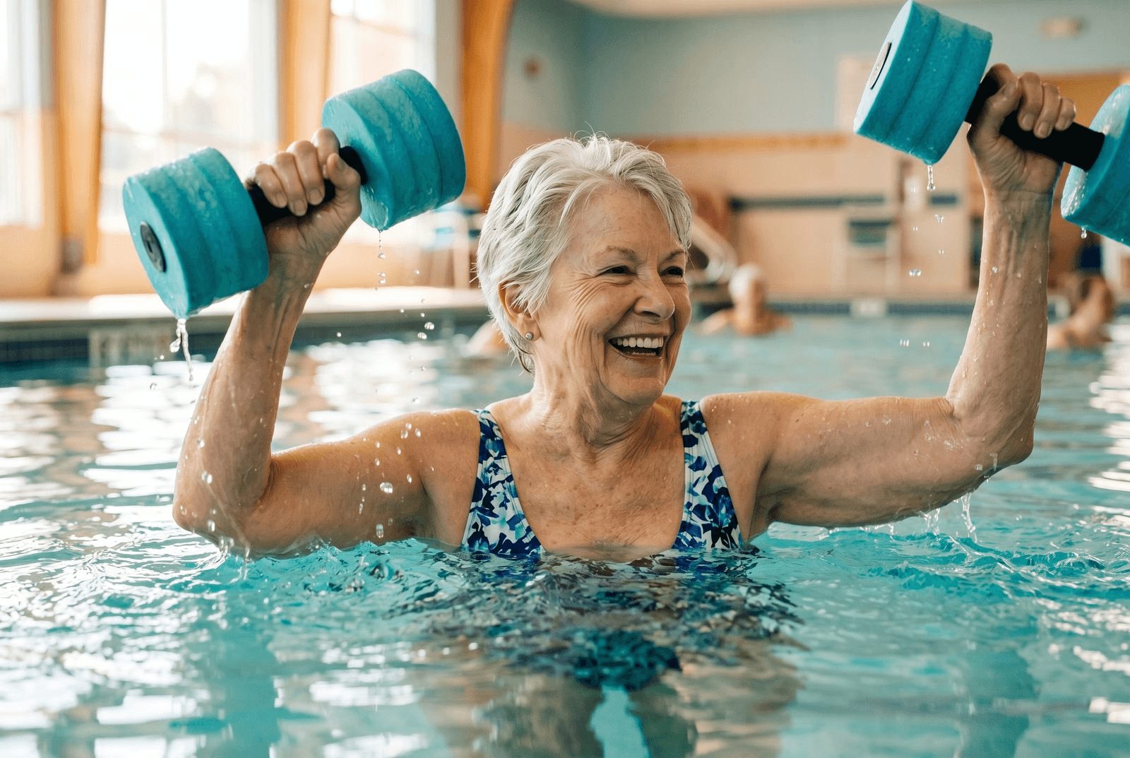 A smiling white-haired woman in her seventies lifts a pair of blue foam water weights overhead in a turquoise community pool