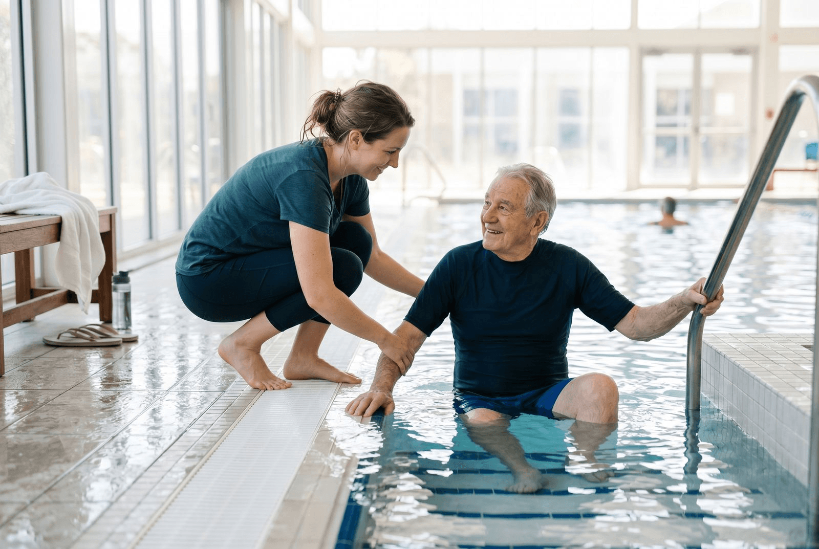A younger companion crouches at the edge of an indoor pool, smiling and steadying an older man as he sits on the pool steps preparing to enter the water