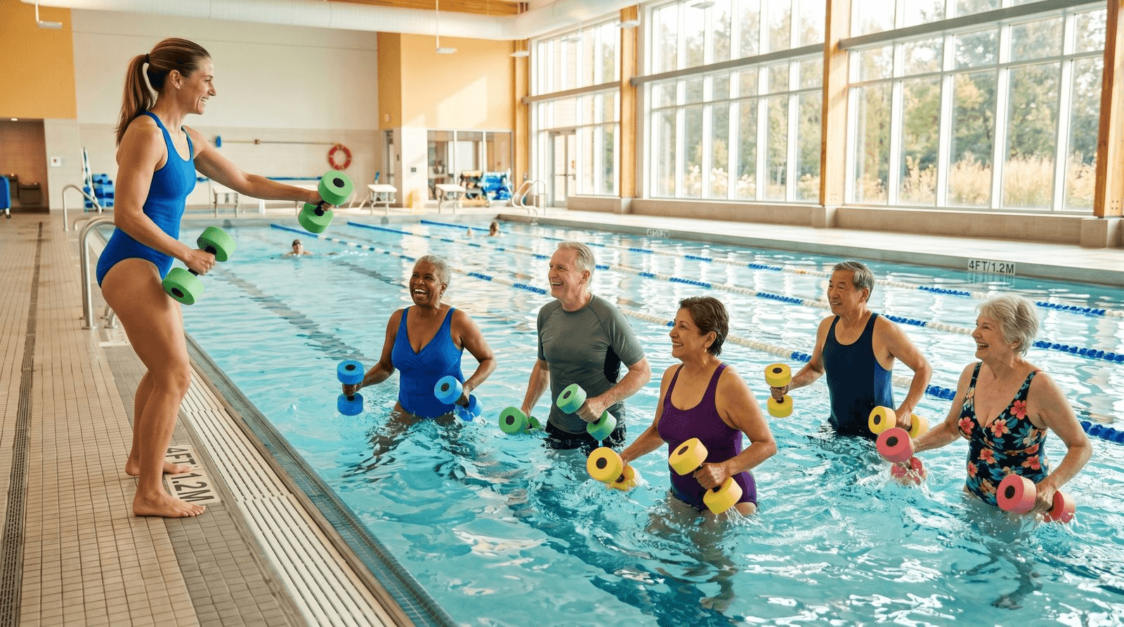 A diverse group of smiling older adults doing water aerobics with foam dumbbells in a bright community pool while an instructor demonstrates from the edge