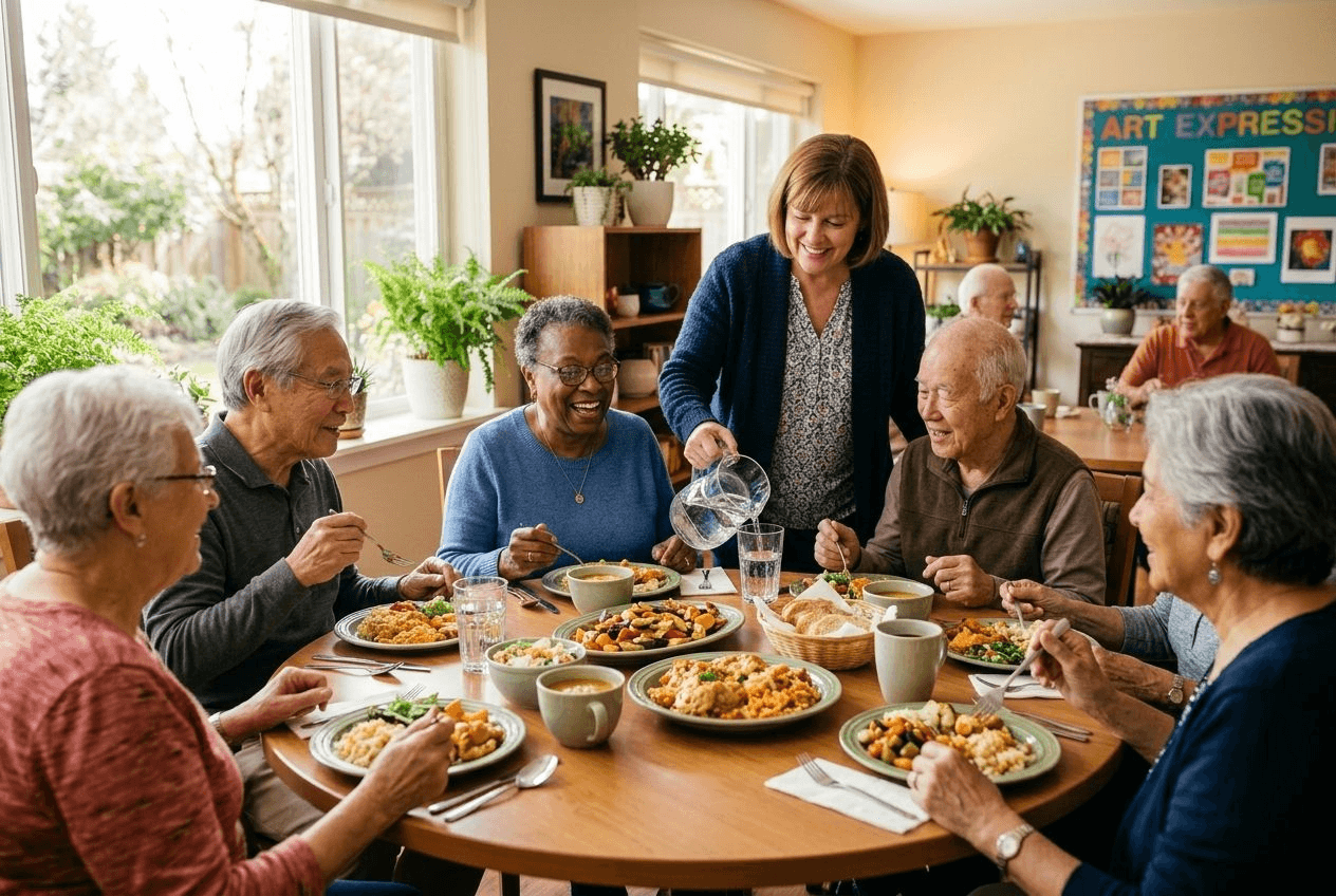 Older adults sharing a hot lunch and conversation around a round table at an adult day center while a staff member pours water