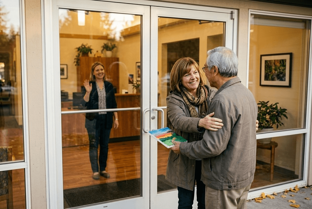 An adult daughter warmly greeting her father at the entrance of a day center at pick-up time in late afternoon light