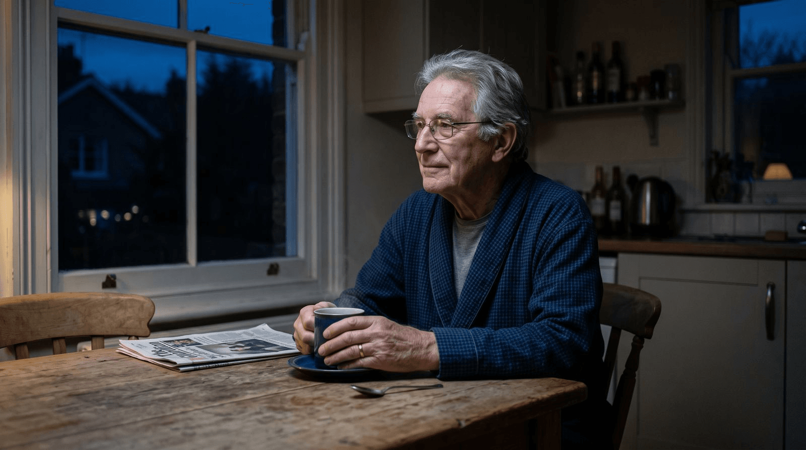 An older man in a robe drinking coffee alone at a kitchen table in the soft blue light of very early morning, the window still dark