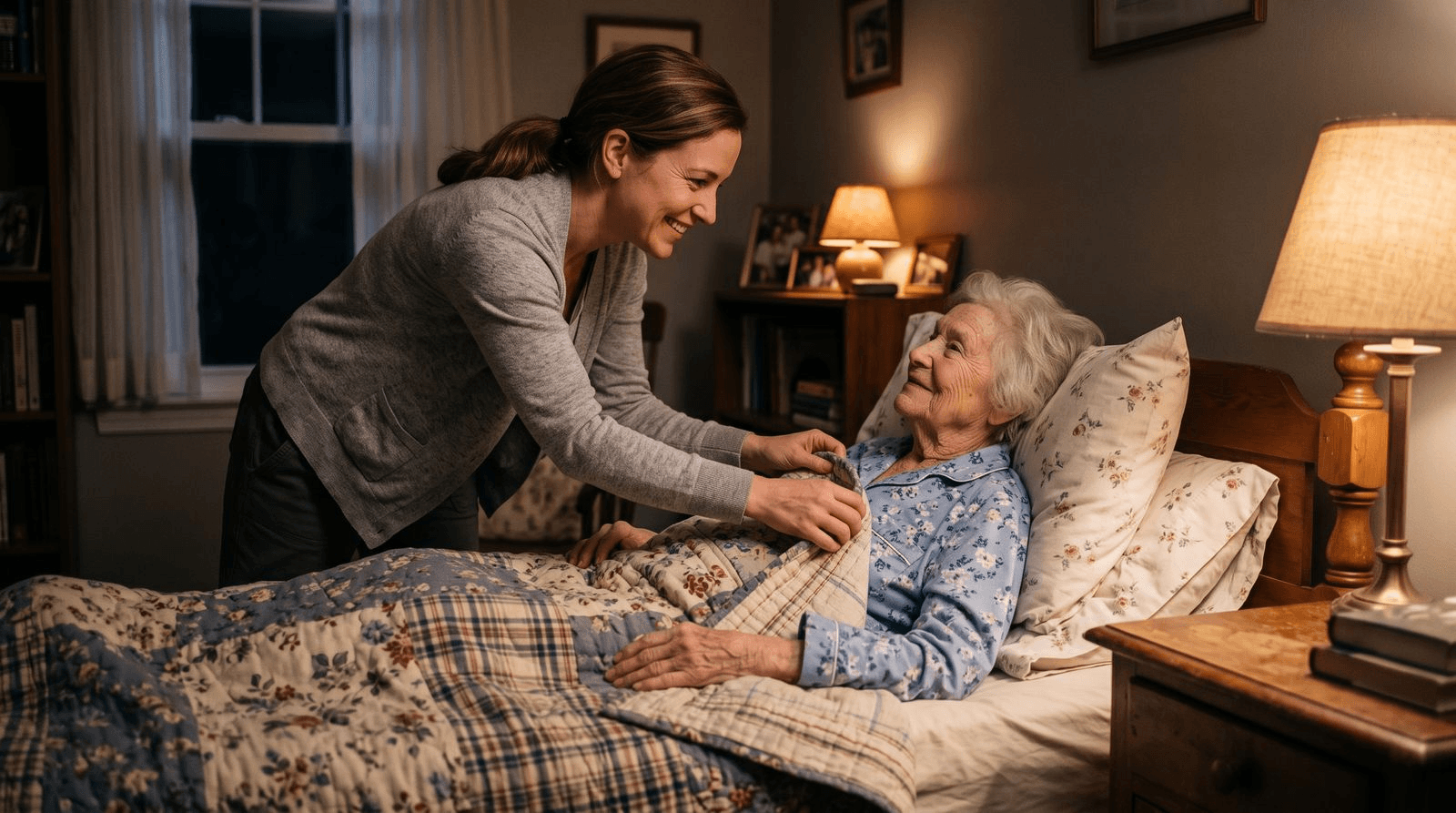 A caregiver in soft clothing gently helping an older woman settle back into bed at night, adjusting the blanket in a calm, dimly lit bedroom