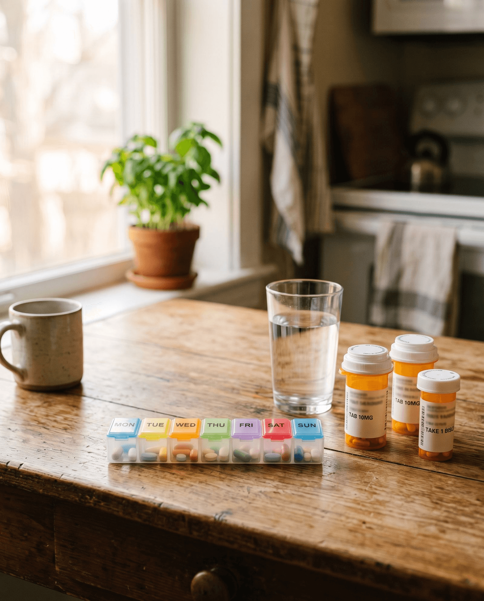 A weekly pill organizer, prescription bottles, and a glass of water arranged on a sunlit kitchen table