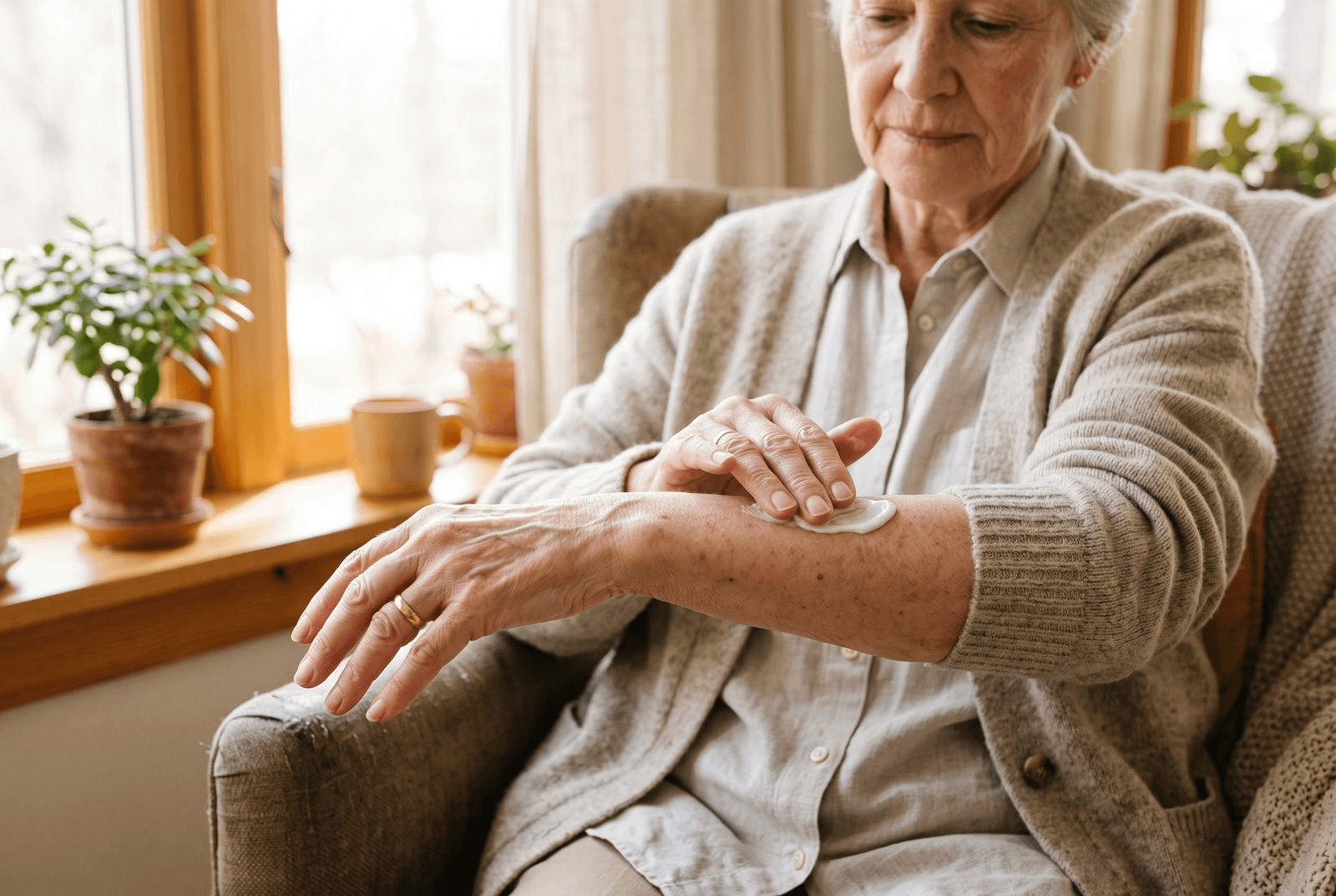An older woman gently applying moisturizing lotion to her forearm near a bright window in a cozy home