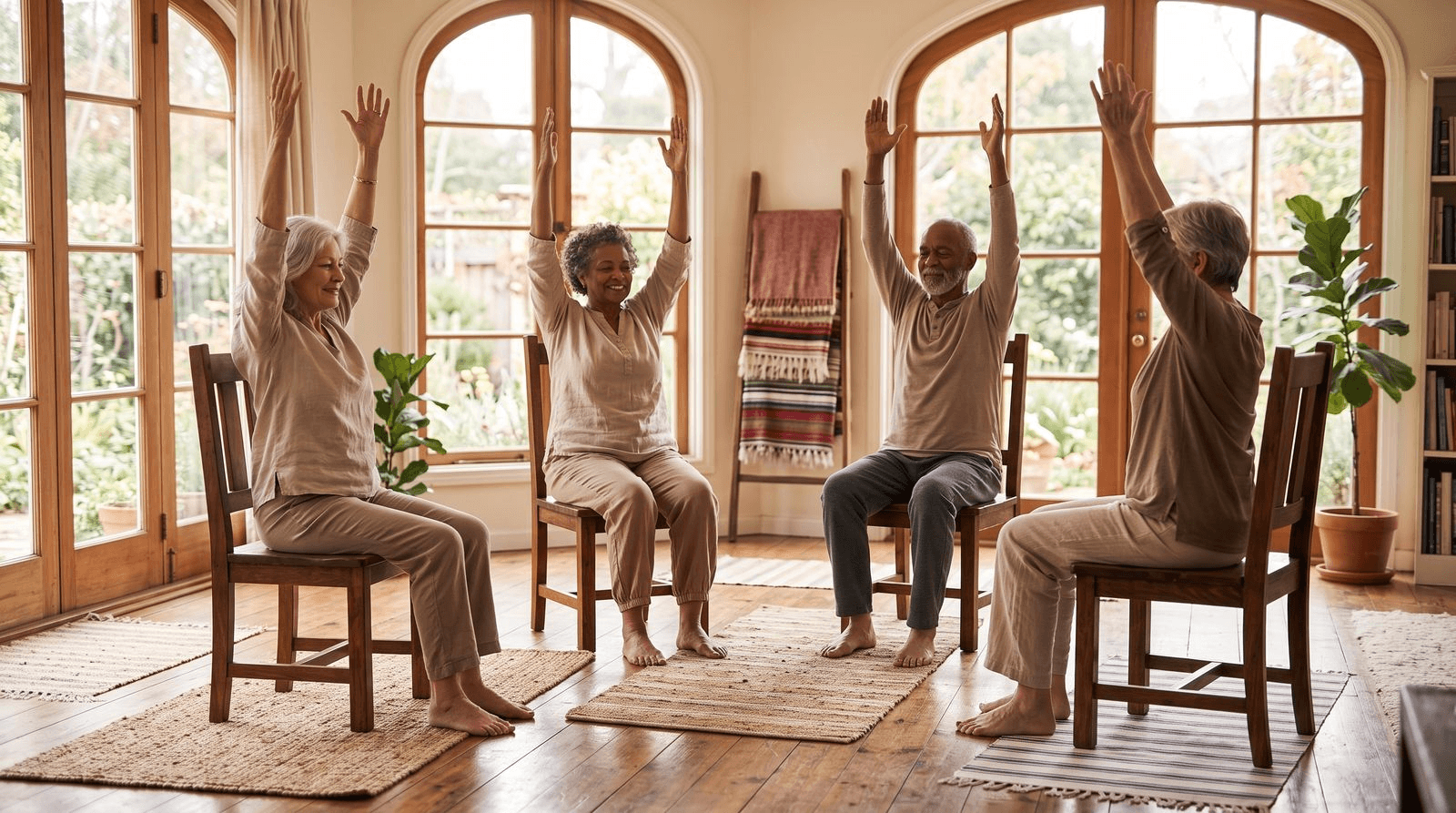 A small group of older adults seated in chairs during a gentle chair yoga class, arms raised overhead, following an instructor in a bright studio