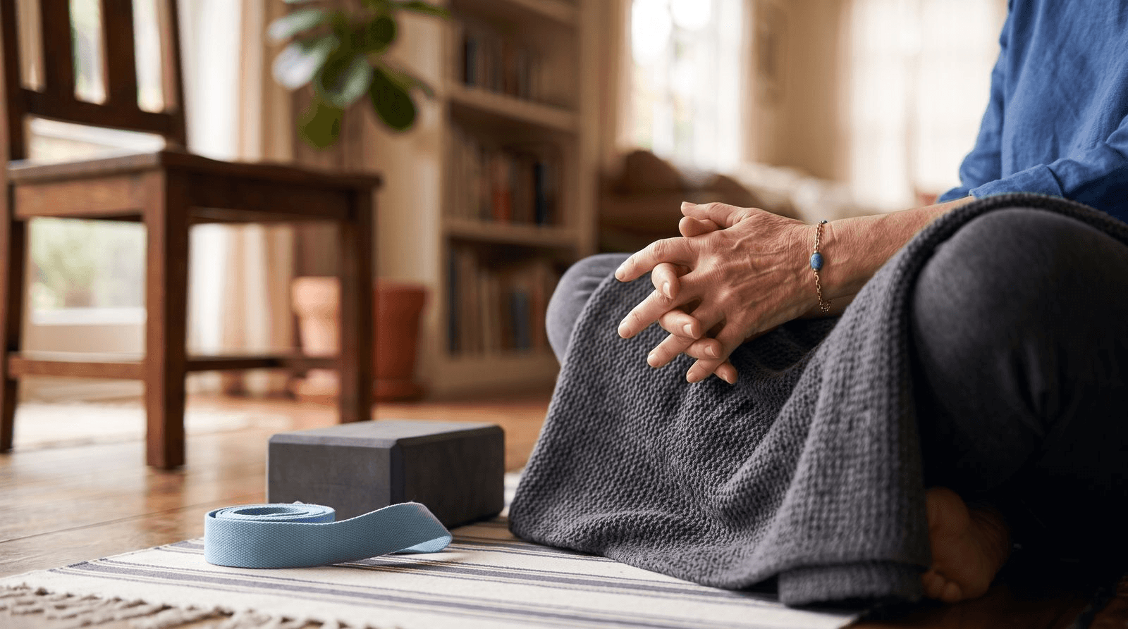 Close-up of an older woman seated on a folded blanket on a yoga mat at home with a strap and foam block beside her and a sturdy wooden chair within reach