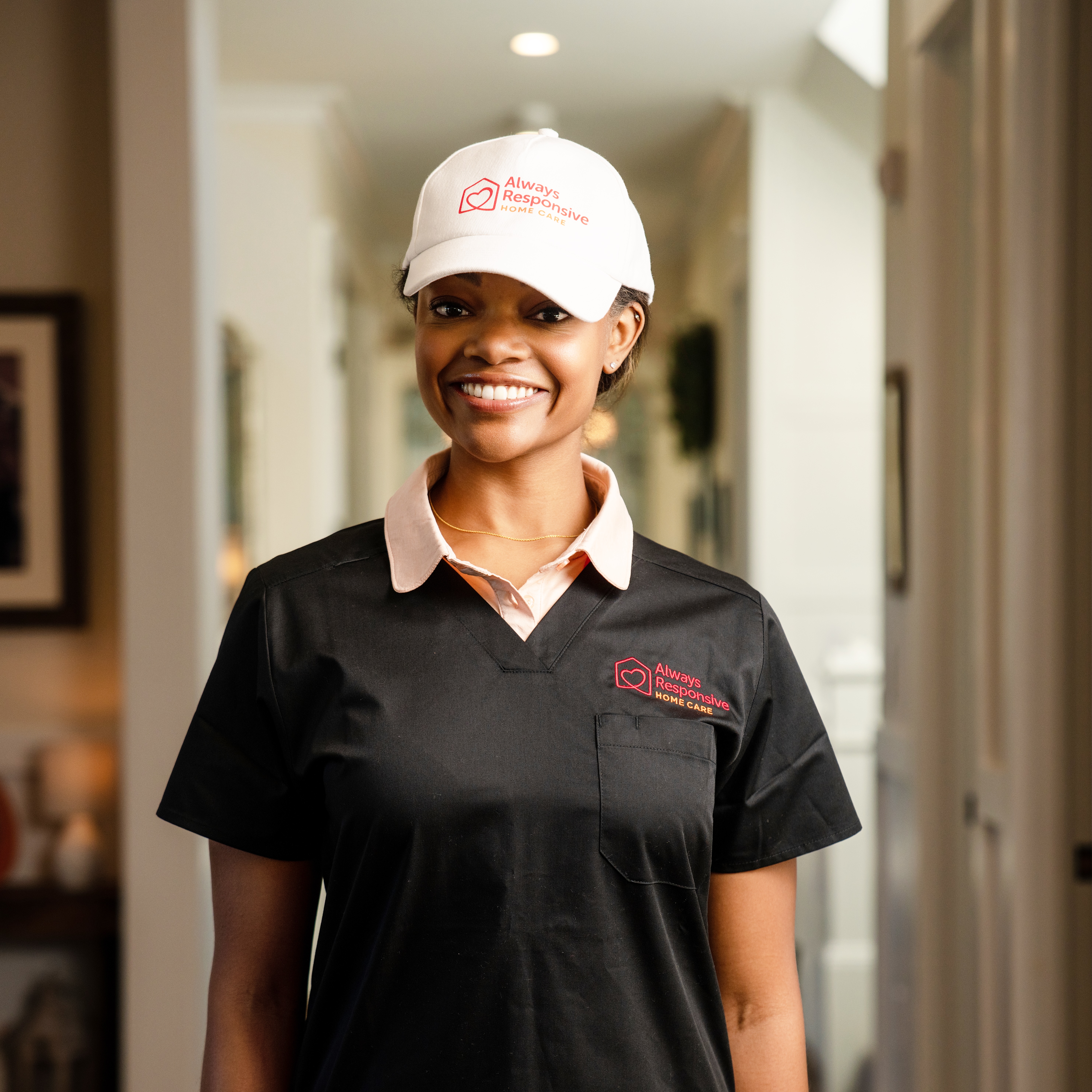 Professional home care provider providing attentive care with a warm smile