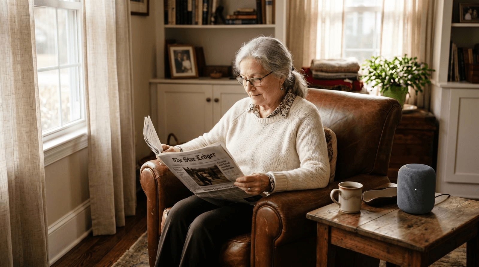 Senior reading peacefully at home with a Sensi audio sensor on the side table
